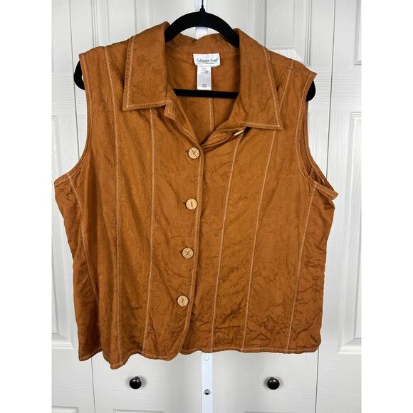 Coldwater Creek Brown Embroidered Floral Button Front Sleeveless Top Vest 2X - Picture 6 of 7